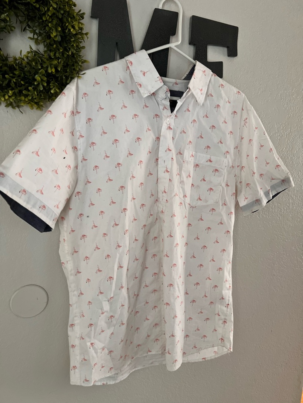Lee White Short-Sleeve Button-Down Shirt with Pink Flamingo Print